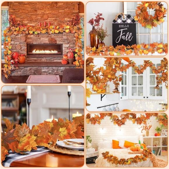 Fall Garland Set of 2 Autumn Leaf Garland 11FT Thanksgiving Decor Indoor Outdoor - Picture 6 of 7